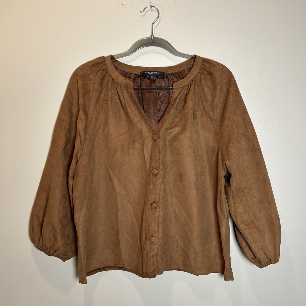 Marc New York  Sz Large Brown Puff Sleeves Shirt Button Front Faux Suede Blouse